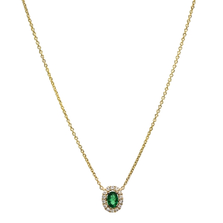 14K Yellow Gold 16-17inch Oval Halo Necklace w/Emerald=.40ct and 14Diams=.18ctw VS H #EN13887