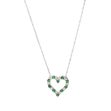 14K White Gold Open Heart Slide w/10Emerald=1.44ctw and 10Diams=1.67ctw SI H-I on 18inch Chain #C14554