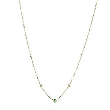14K Yellow Gold 15-16inch Adjustable 3Bezels Necklace w/Emerald=.15ct and 2Diams=.07ctw #44763E