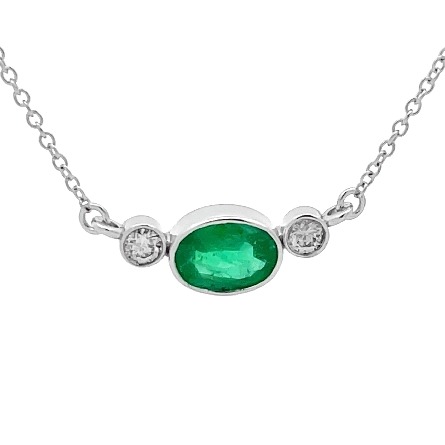 14K White Gold 18inch East-West Bezel Necklace w/Emerald=.69ct and 2Diams=.13ctw SI H-I #87452