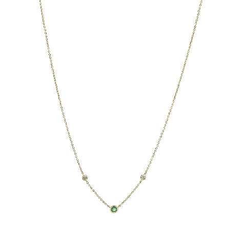 14K Yellow Gold 15.5-16.5inch Adjustable 3Bezels Necklace w/Emerald=.15ct and 2Diams=.07ctw SI H-I #44763E