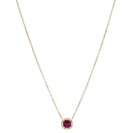 14K Yellow Gold 18inch Cushion Halo Necklace w/Ruby=1.18ct and Diams=.07ctw #87002
