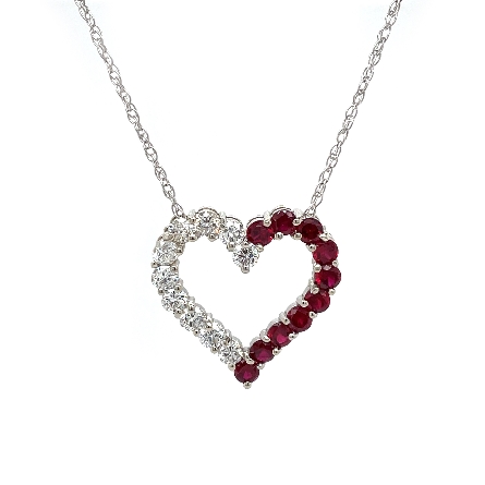 14K White Gold Open Heart Slide w/10Ruby=1.93ctw and 10Diams=1.69ctw SI H-I on 18inch Chain #C14554