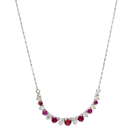 14K White Gold 18inch Graduated Curved Necklace w/7Ruby=1.85ctw and 8Diams=1.42ctw SI H-I