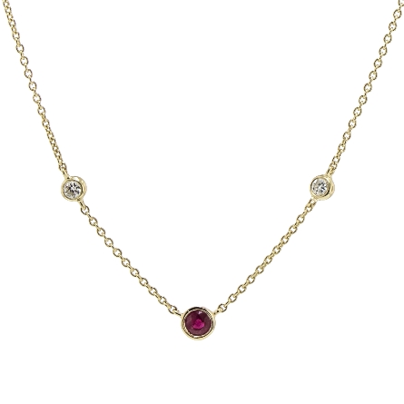 14K Yellow Gold 15.5-16inch Adjustable 3Bezels Necklace w/Ruby=.15ct and 2Diams=.07ctw #44763R