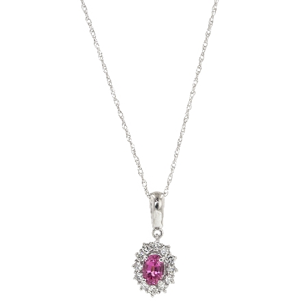 14K White Gold Oval Halo Pendant w/Pink Spinel=.62ct and 12Diams=.34ctw SI H-I on 18inch Chain #85664