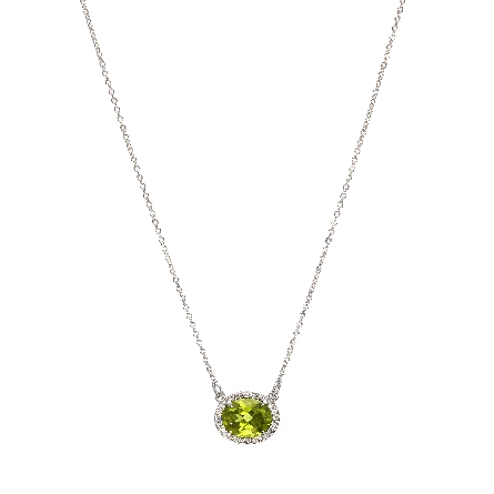 14K White Gold 16.5inch Oval East-West Halo Necklace w/9x7mm Peridot=1.77ct and Diams=.05ctw SI G-H #85903