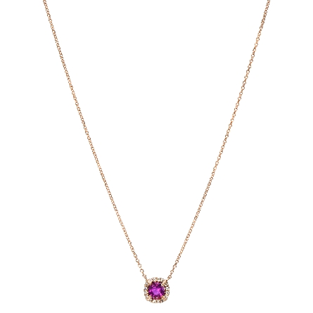 14K Rose Gold 18inch Cushion Halo Necklace w/Pink Sapphire=.68ct and Diams=.07ctw #87002