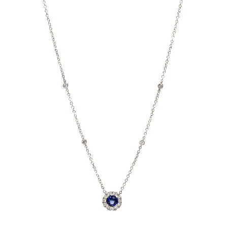 14K White Gold 16-18inch Halo Necklace w/Sapphire=.82ct and Diams=.47ctw SI H-I #N-8082-P (L8023)