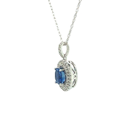 14K White Gold Double Halo Oval Pendant w/Sapphire=1.60ct and 53Diams=.20ctw SI H-I on 18inch Chain #32472