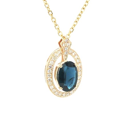 14K Yellow Gold Oval Halo Pendant w/Sapphire=2.85ct and Diams=.37ctw SI H-I on 18inch Chain