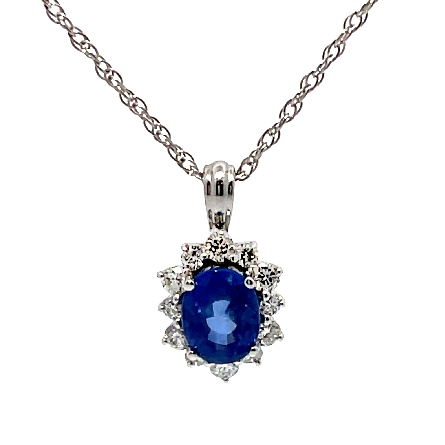 14K White Gold Oval Halo Pendant w/1 Oval Sapphire=1.42ct and Diams=.33ctw SI H-I on 18inch Chain #86626