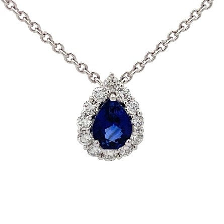 14K White Gold Adjustable 16-18inch Pear Halo Necklace w/1 Sapphire=.89ct and Diams=.50ctw SI H-I #N-8469-E (M0809)