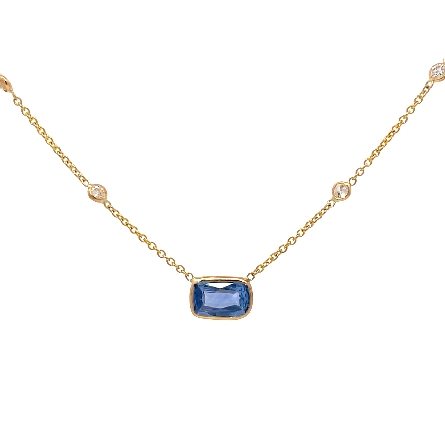 14K Yellow Gold 16-18inch East to West by the Yard Necklace w/1 Cushion Sapphire=1.00ct and 6Diams=.37ctw SI H-I 