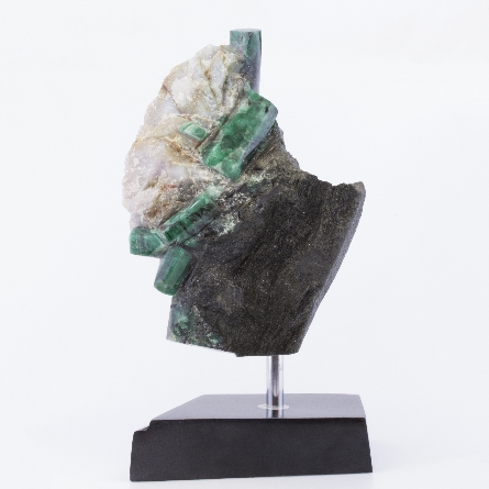 Multiple Emerald Crystals Polished in Graphite and Matrix on Iron Base 12  H x 7.5  W x 4.5  D