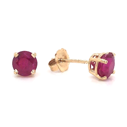 14K Yellow Gold 5mm Round 4 Prong Stud Earrings w/2Ruby=1.59ctw