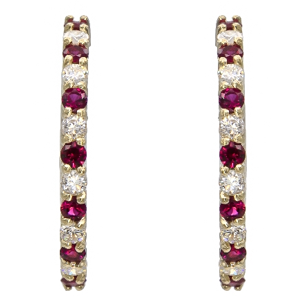 14K Yellow Gold Alternating Hoop Earrings w/14Ruby=.69ctw and 12Diams=.51ctw SI H-I #SE35