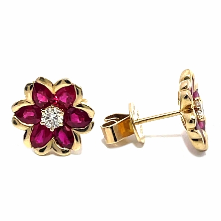 14K Yellow Gold Flower Post Back Earrings w/Rubies=2.45ctw and Diams=.26ctw SI G-H #E-8057-P (K9631)