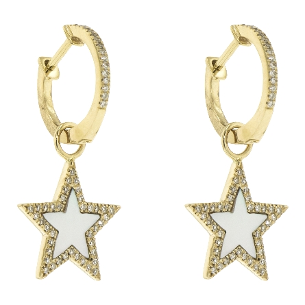 14K Yellow Gold Hoop Dangle Mother-of-Pearl Star Earrings w/112Diams=.25tw SI I-J #ME004036