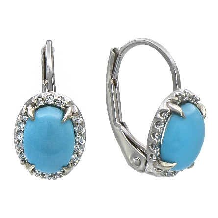 14K White Gold Oval Lever Back Turquoise Earrings w/20Diams=.08ctw #2000000-7x5