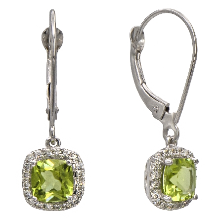 14K White Gold Dangle Square Halo Lever Back Earrings w/2Peridot=1.20ctw and 40Diams=.16ctw #24634PD