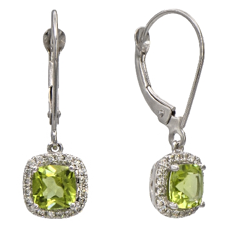 14K White Gold Dangle Square Halo Lever Back Earrings w/2Peridot=1.20ctw and 40Diams=.16ctw SI H-I #24634PD