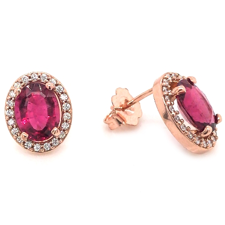 14K Rose Gold Oval Halo Stud Earrings w/2-8x6mm Pink Tourmaline=2.58ctw and Diams=.20apx SI H-I #28321