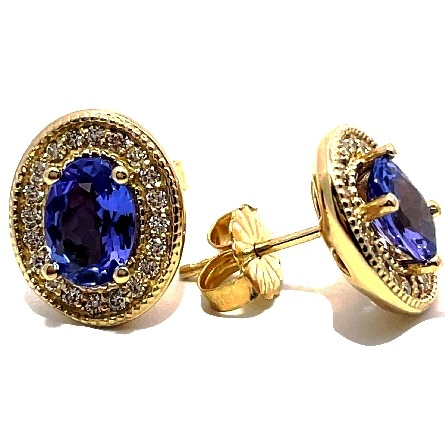 14K Yellow Gold Oval Milgrain Halo Stud Earrings w/2 Tanzanites=1.33ctw and Diamonds=.24ctw SI H-I #86630 
