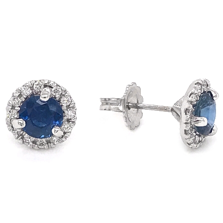 14K White Gold 6mm Round Halo French-Set Stud Earrings w/2Sapphire=2.13ctw and 24Diams=.33ctw SI H-I #2000168