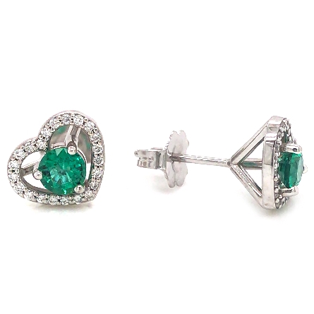 14K White Gold Heart Halo Stud Earrings w/2Emerald=.47ctw and Diams=.18ctw SI H-I #29797