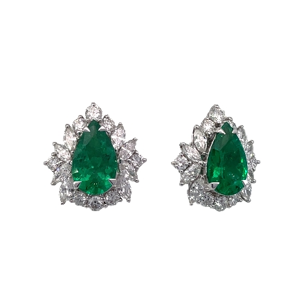 18K White Gold Pear Shaped Halo Post Back Earrings w/2 Pear Emeralds=3.01ctw and 16Marquise Diams=1.00ctw and 16Round Diams=.83ctw SI G-H GRS#2018-037046 
