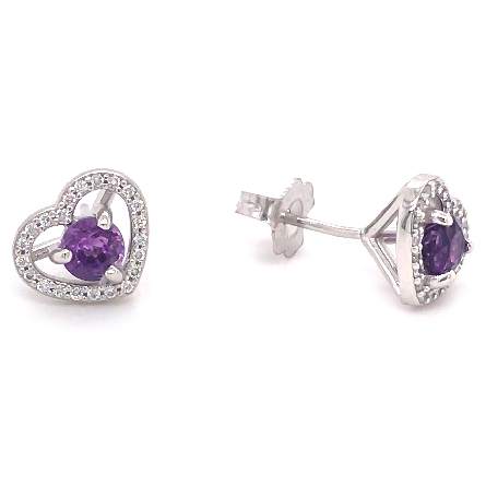 14K White Gold Heart Halo Stud Earrings w/2Amethyst=.53ctw and Diams=.12ctw SI2 G-H #29797