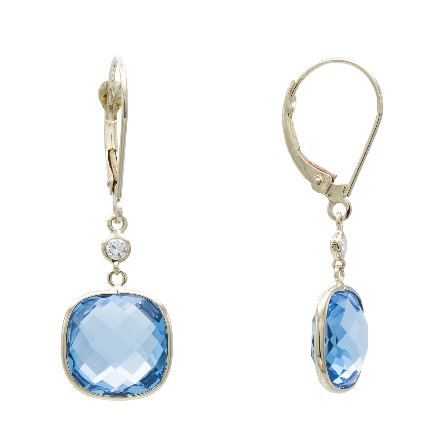 14K Yellow Gold Lever Back Dangle Earrings w/Blue Topaz=10.12ctw and Diams=.07ctw SI H-I #24558BT