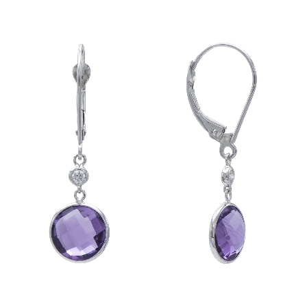 14K White Gold Lever Back Bezel Dangle Earrings w/Amethyst=4.78ctw and Diams=.07ctw SI H-I #24569AM