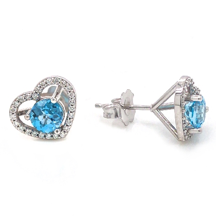 14K White Gold Heart Halo Stud Earrings w/2Blue Topaz=1.12ctw and Diams=.16ctw SI G-H #29797