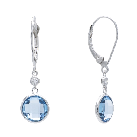 14K White Gold Lever Back Bezel Dangle Earrings w/Blue Topaz=4.78ctw and 2Diams=.07ctw #24569BT
