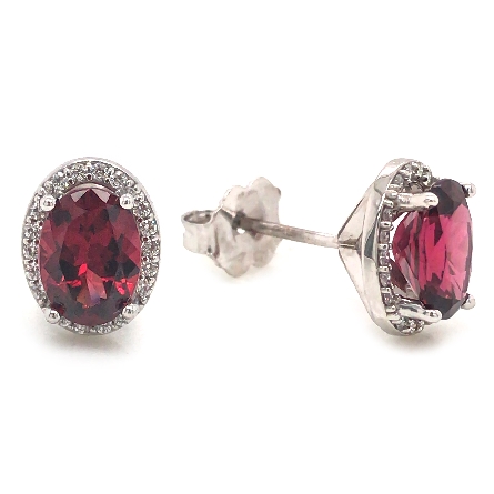 14K White Gold 7x5mm Oval Halo Stud Earrings w/Garnet=1.97ctw and Diams=.08tw SI G-H #29262