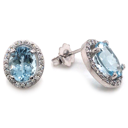 14K White Gold 9x7mm Oval Halo Stud Earrings w/2Aquamarine=3.34ctw and Diams=.33apx SI H-I #28321