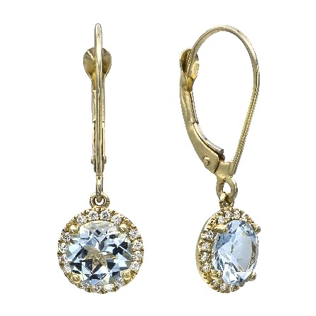 14K Yellow Gold Dangle Round Halo Lever Back Earrings w/2Aquamarine=1.34ctw and 32Diams=.13ctw #24633AQ
