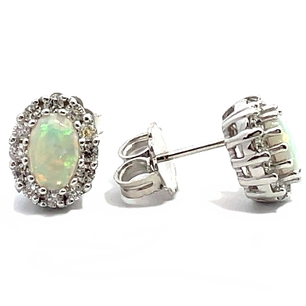 14K White Gold Halo Stud Earrings w/2 Opals=.56ctw and Diamonds=.38ctw SI H-I #80601