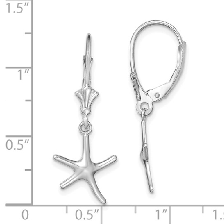 14K White Gold 29x11mm 3-D Mini Starfish Leverback Earrings 1.26gr #TF1769W