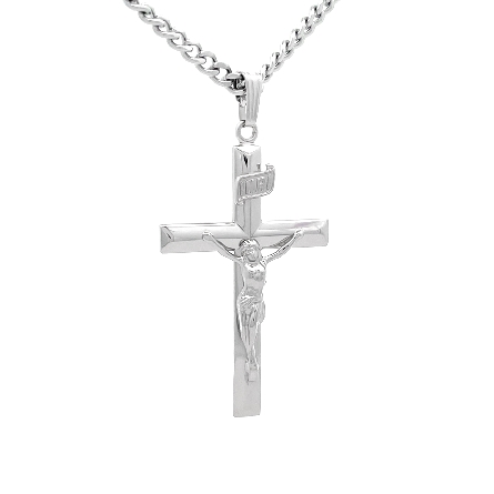 Sterling Silver Beveled Edge Crucifix Pendant on 24inch Stainless Steel Chain #MC270