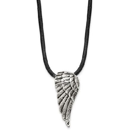 Stainless Steel Antiqued and Polished Wing Pendant on 20inch Leather Cord Necklace #SRN1712-20