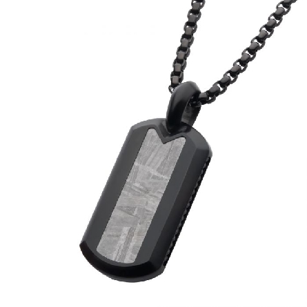 Black Stainless Steel Meteorite Inlay Dog Tag Pendant on 24inch Bold Box Chain #SSPMT715NK