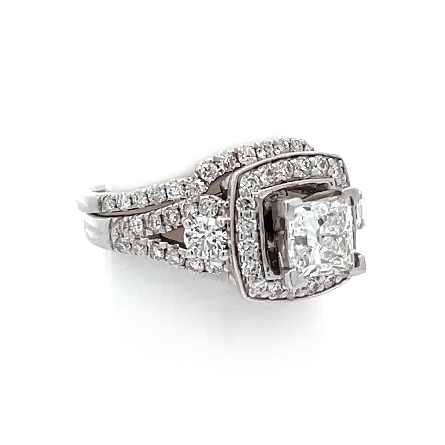 14K White Gold Estate Bridal Set: Square Halo Split Shank Engagement Ring w/1Princess Cut Diamond=.90apx SI2 I and 46 Round Diamonds=.86apx VS2-SI1 H-I and Cordinating Curved Prong Set Wedding Band w/19Diamonds=.24apx VS2-SI1 H-I size6 4.0dwt