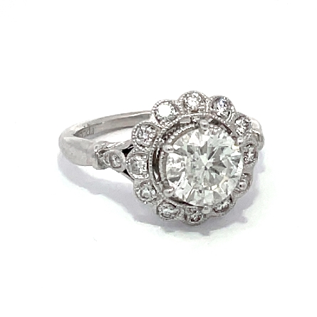 18K White Gold Estate Milgrain Halo Engagement Ring w/1 Round Diamond=1.46apx I1 K and Diamonds=.33apx SI H-I Size5.75 2.6dwt