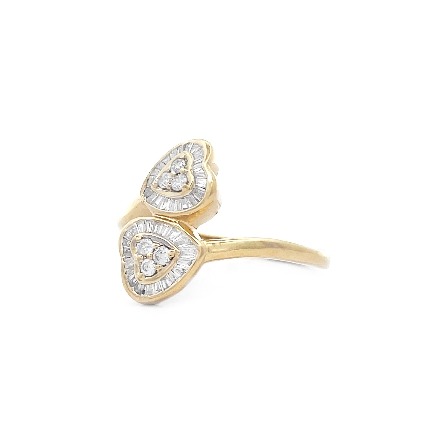 14K Yellow Gold Estate Bypass Double Heart Ring w/Baguette and Round Diams=.68apx SI2-I1 J-K Size 11   2.3dwt 