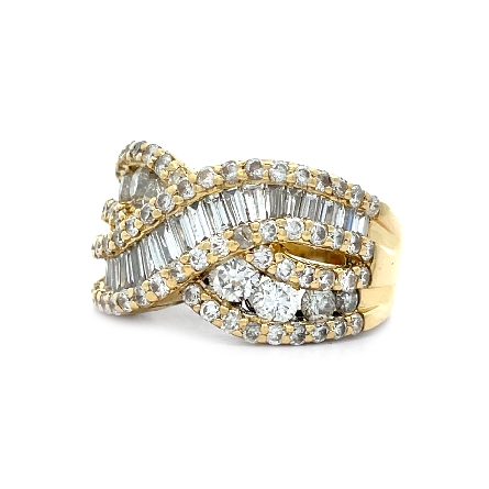 18K Yellow Gold Estate Criss Cross Shared Prong Ring Size7.25 w/Round and Baguette Diams=2.75apx VS-SI H-I 5.9dwt 