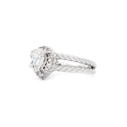 14K White Gold Estate Twisted Split Shank Halo Engagement Ring w/Pear Shaped Diam=.33apx VS I and 15Single Cut Diams=.23apx VS=SI I-J 2.9dwt 