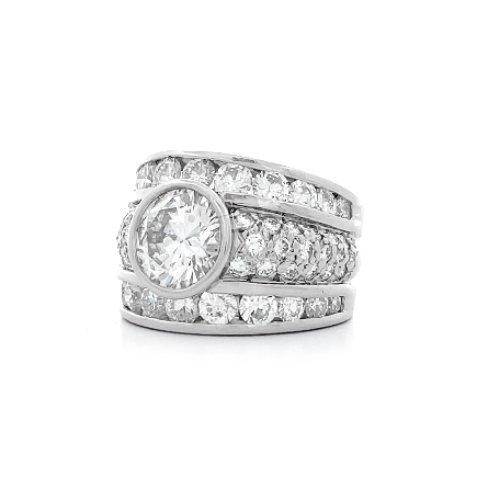 Platinum Estate 3Row Pave and Channel Bezel Fashion Ring w/1 Diamond=1.40apx SI2 H and 58Diams=1.83apx VS-SI I-J Size3.5 7.4dwt